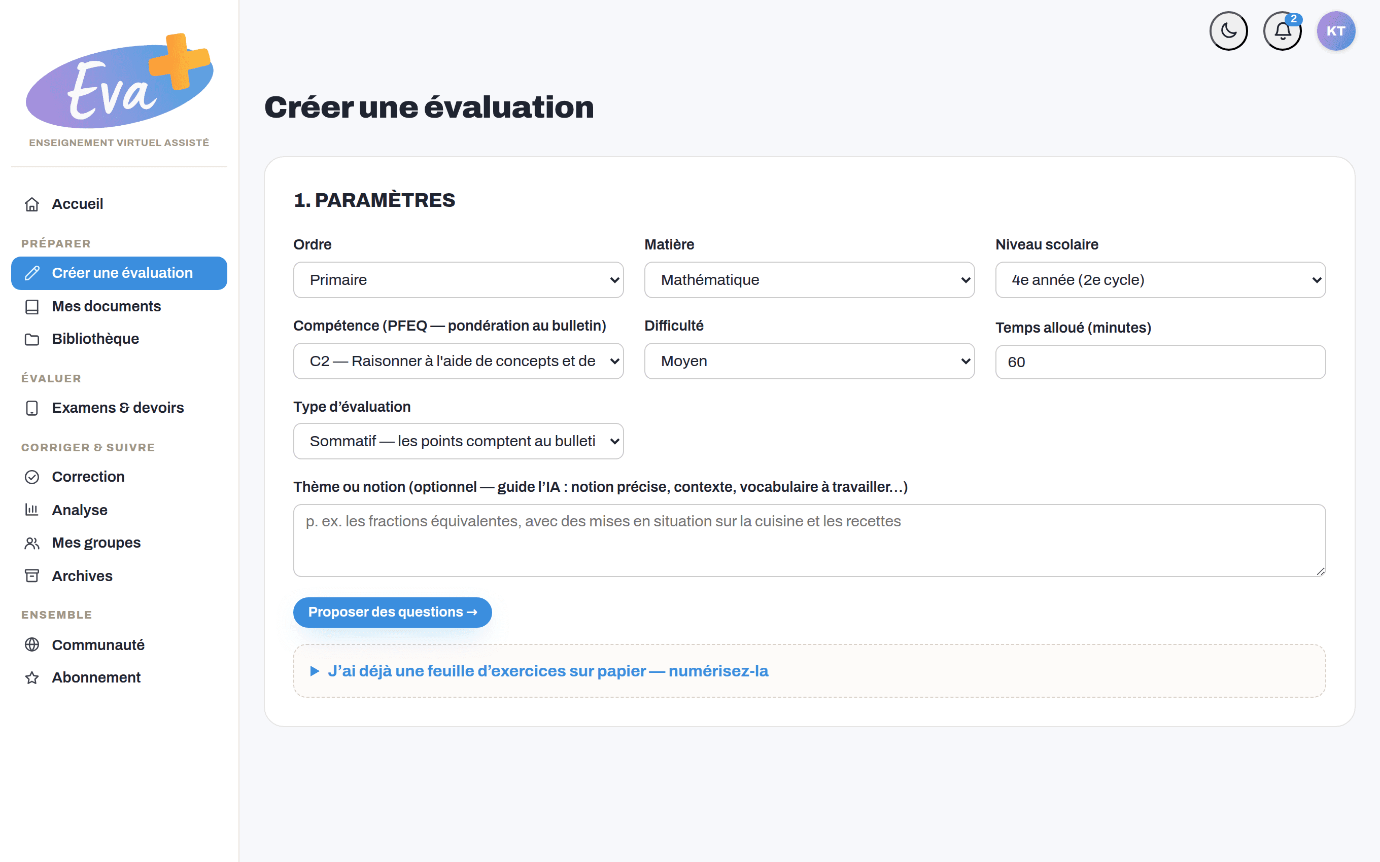 Créer une évaluation : matière, niveau, compétence du PFEQ, difficulté