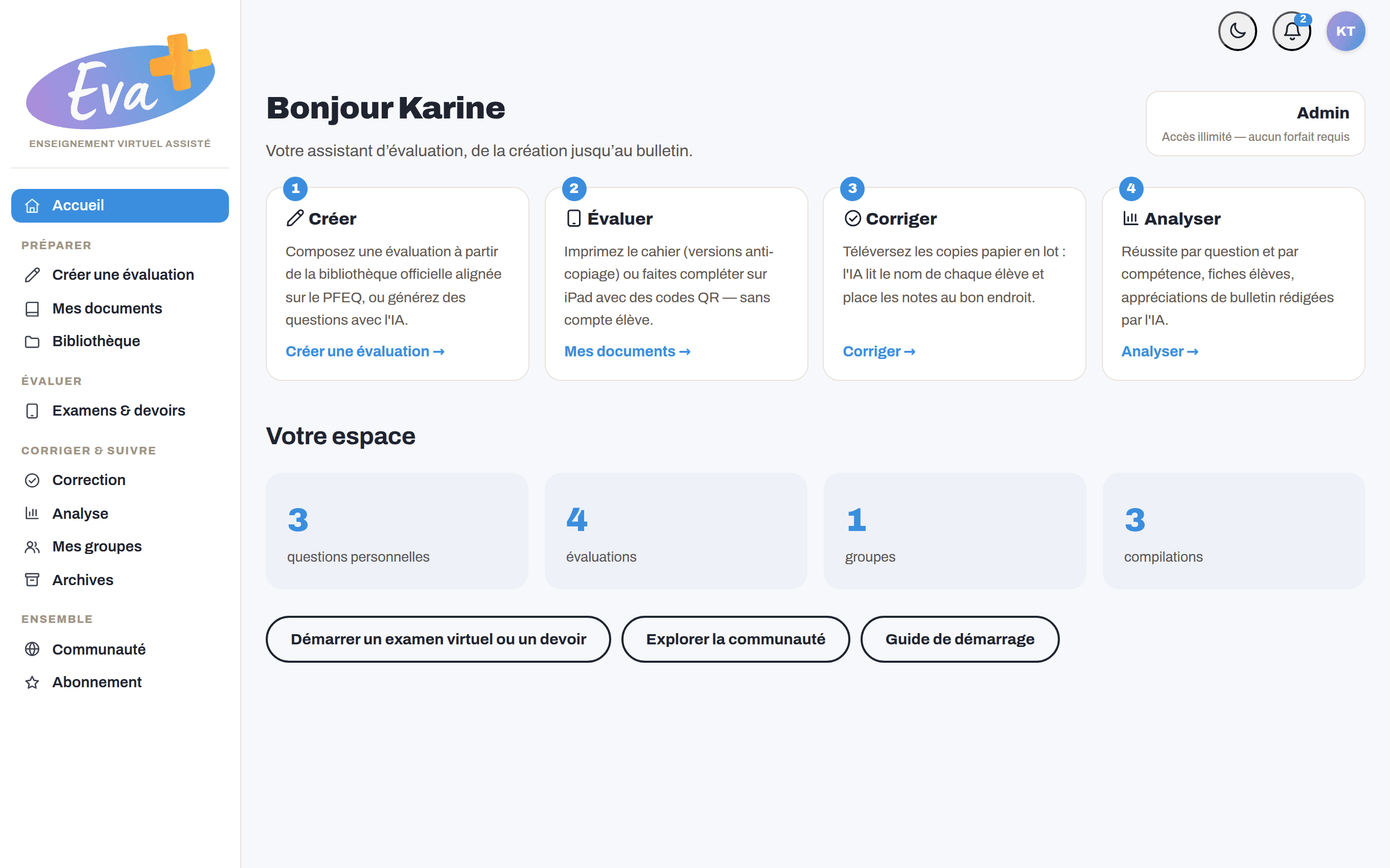 Le tableau de bord d'Eva+ : créer, évaluer, corriger, analyser